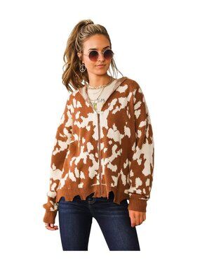 Willow and Root Hooded Sweater Size Medium V Neck Full Zip Cow Print Brown Cozy